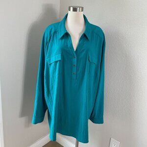 Maggie Barnes Catherines Womens Plus 5X Teal Crinkled Blouse Roll Tab Sleeve Top